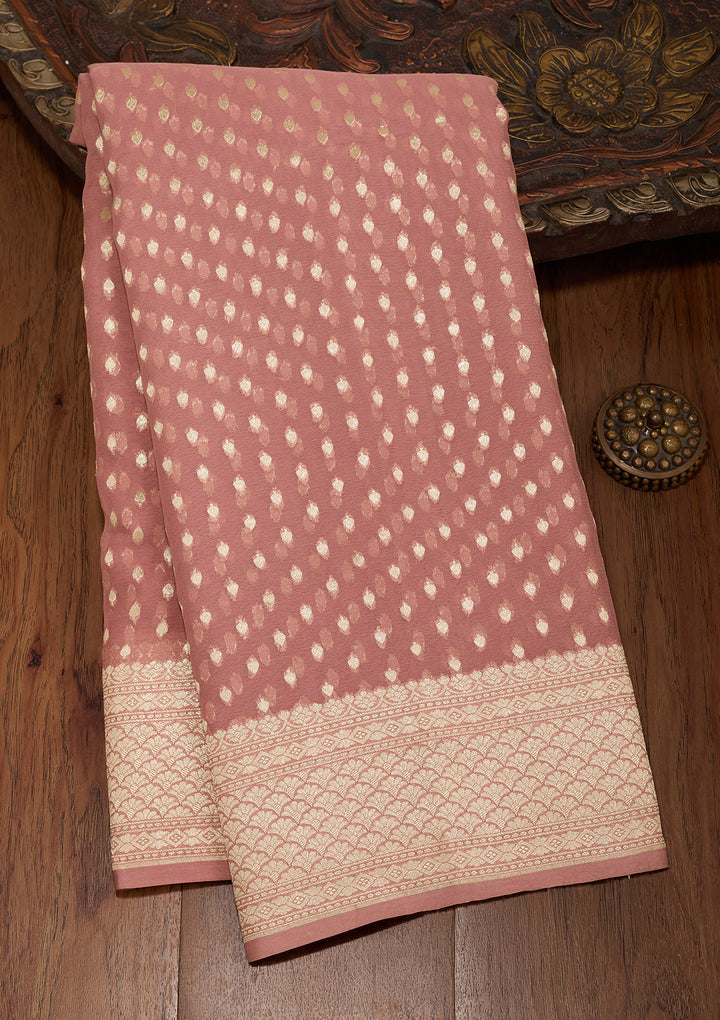 Onion Pink Georgette Buti Gold Zariwork Saree With Matching Blouse Piece