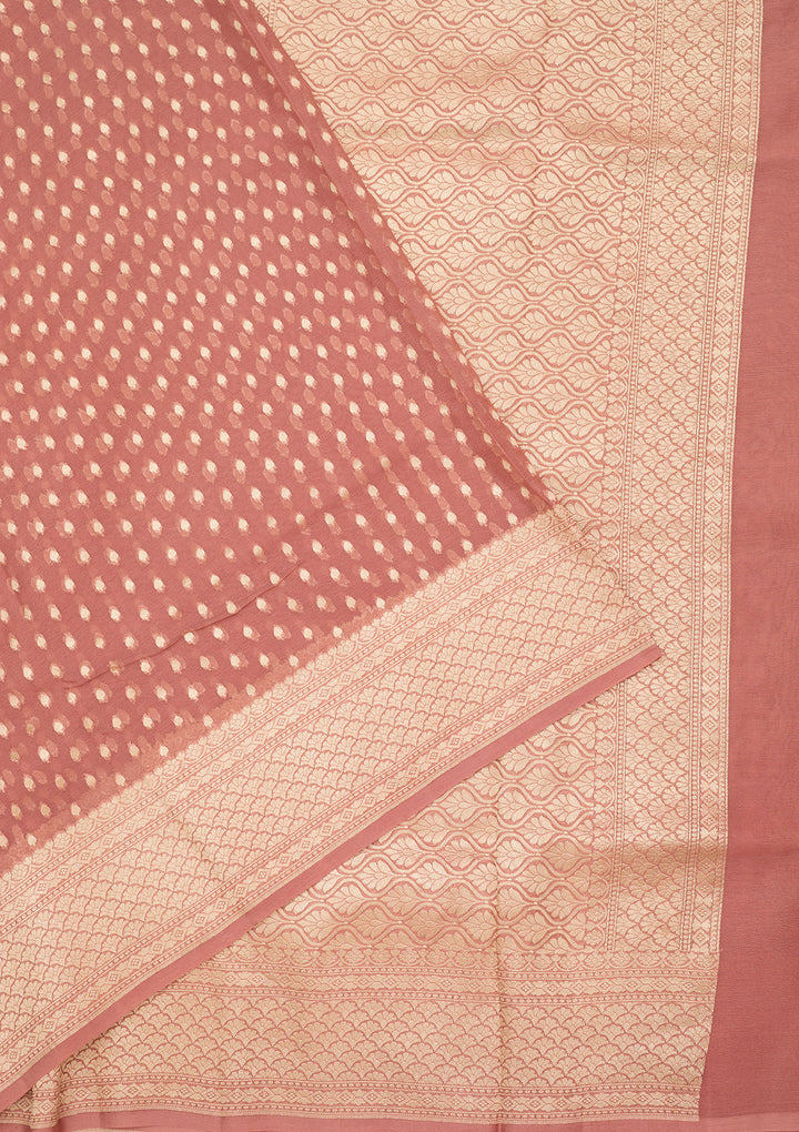 Onion Pink Georgette Buti Gold Zariwork Saree With Matching Blouse Piece