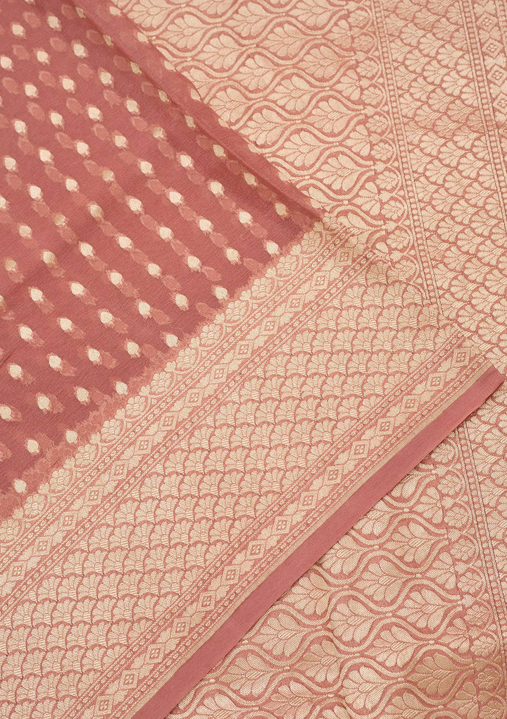Onion Pink Georgette Buti Gold Zariwork Saree With Matching Blouse Piece