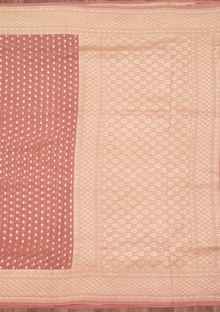 Onion Pink Georgette Buti Gold Zariwork Saree With Matching Blouse Piece