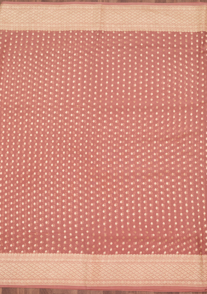 Onion Pink Georgette Buti Gold Zariwork Saree With Matching Blouse Piece