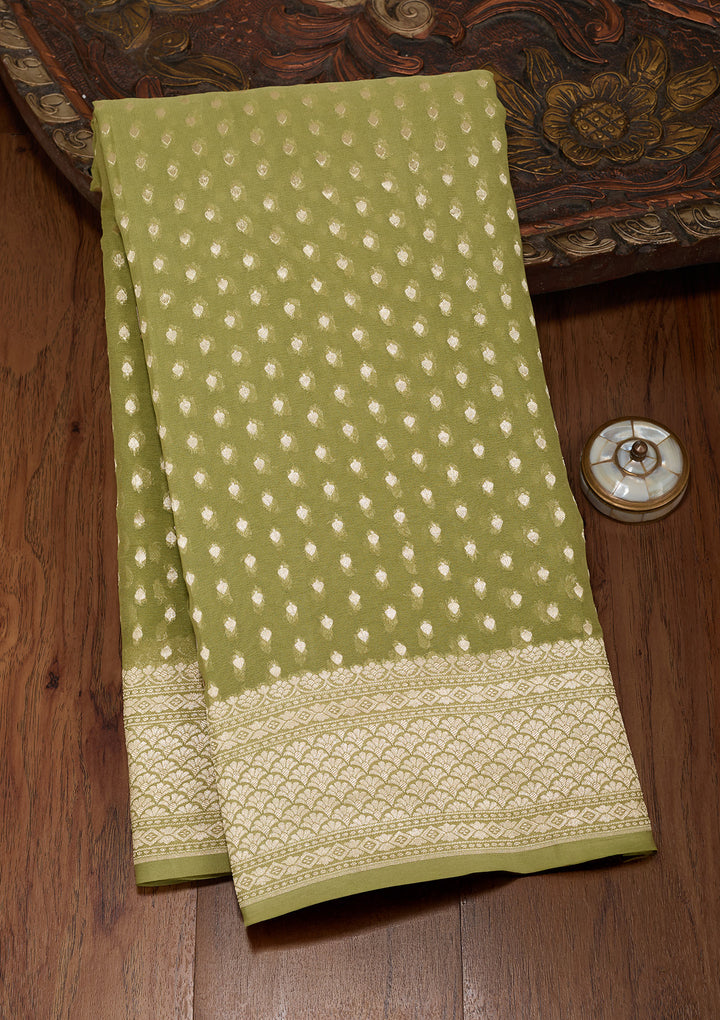Pista Green Georgette Buti Gold Zariwork Saree With Matching Blouse Piece