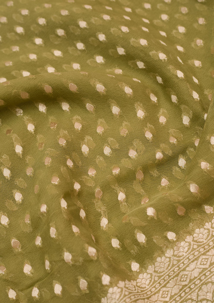 Pista Green Georgette Buti Gold Zariwork Saree With Matching Blouse Piece