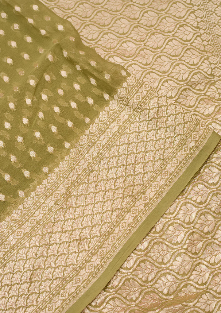 Pista Green Georgette Buti Gold Zariwork Saree With Matching Blouse Piece