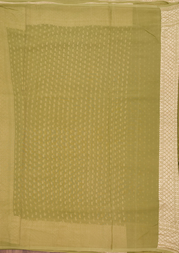 Pista Green Georgette Buti Gold Zariwork Saree With Matching Blouse Piece