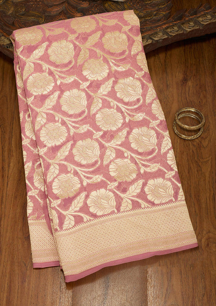 Baby Pink Georgette Jaal Gold Zariwork Saree With Matching Blouse Piece