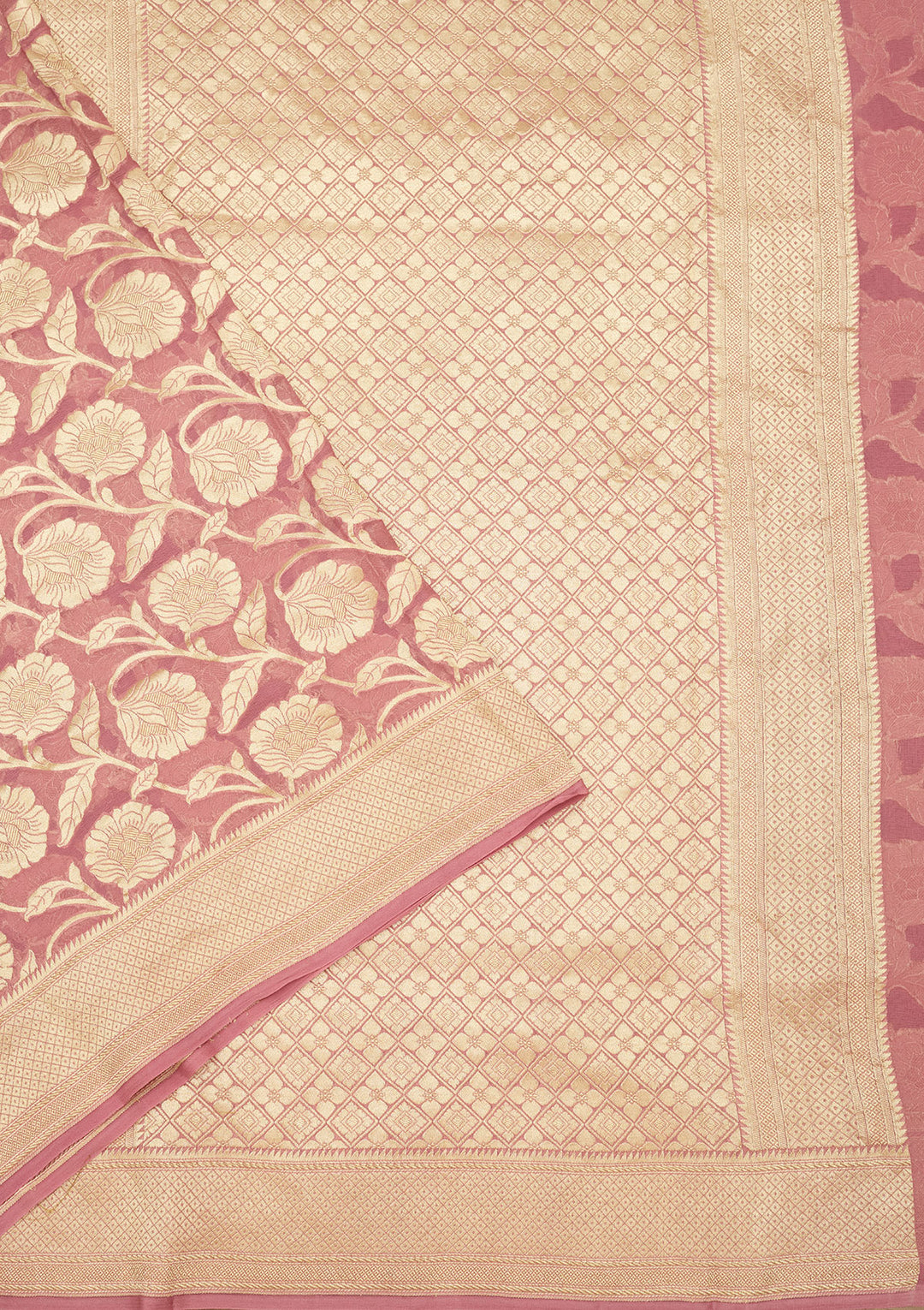 Baby Pink Georgette Jaal Gold Zariwork Saree With Matching Blouse Piece