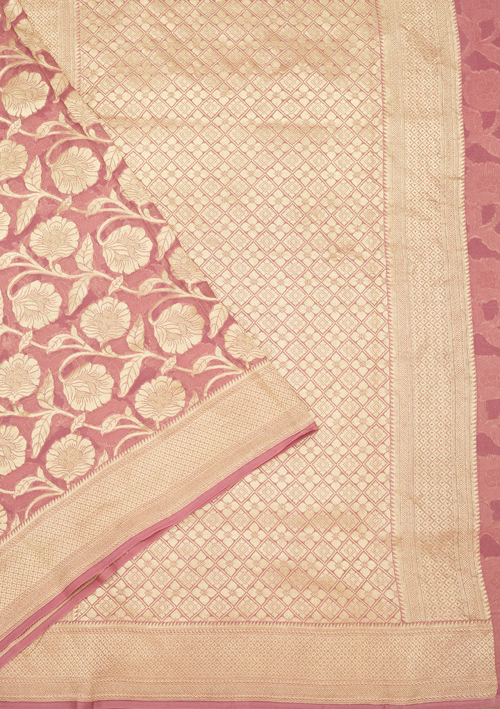 Baby Pink Georgette Jaal Gold Zariwork Saree With Matching Blouse Piece