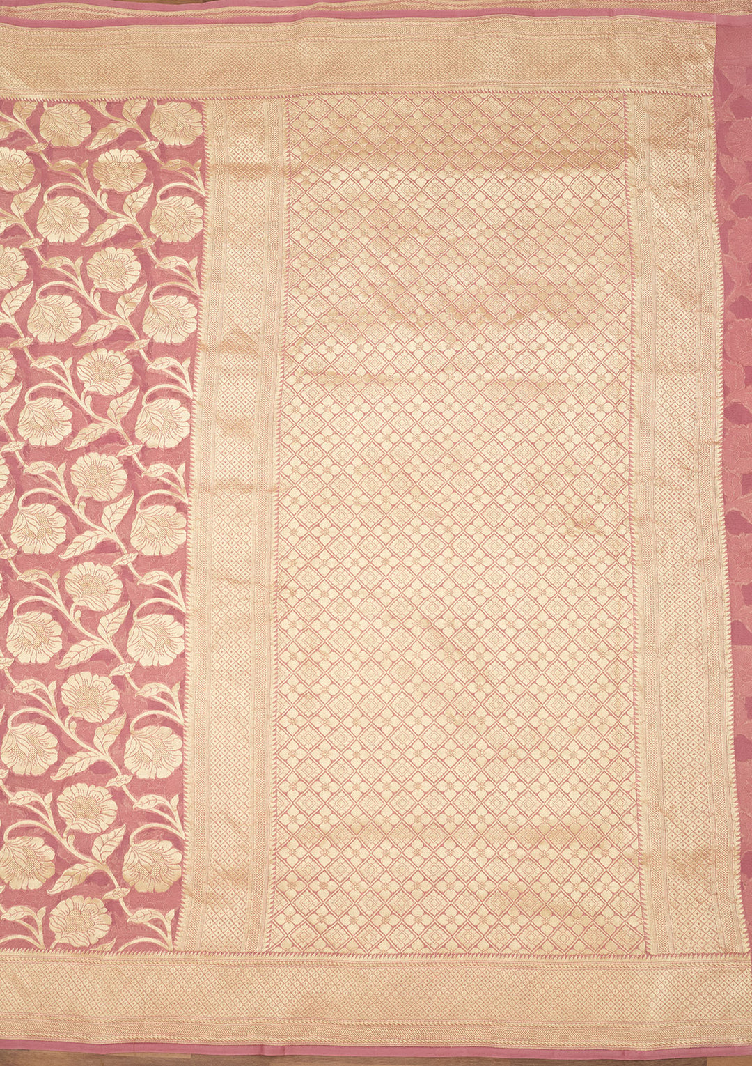 Baby Pink Georgette Jaal Gold Zariwork Saree With Matching Blouse Piece
