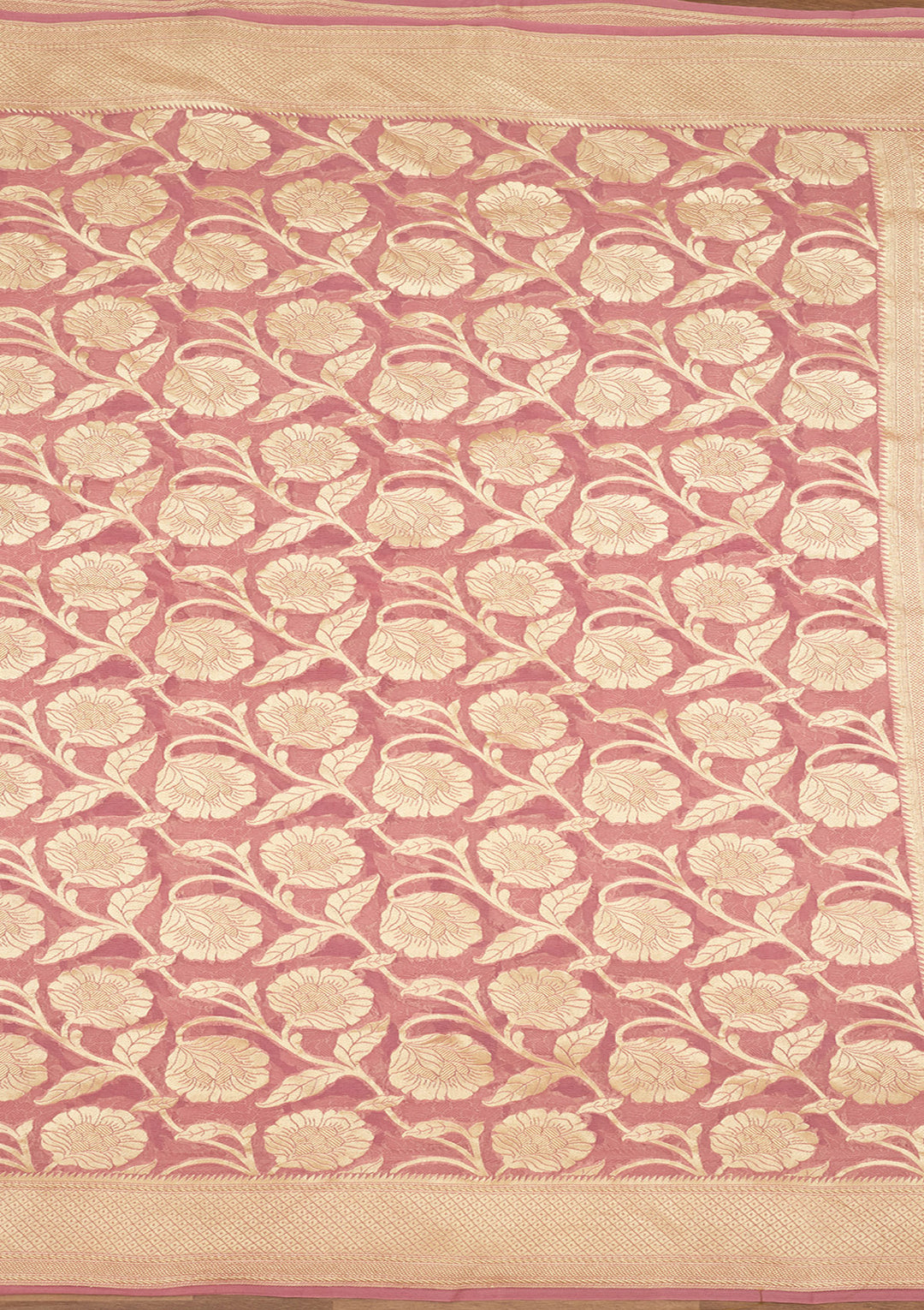 Baby Pink Georgette Jaal Gold Zariwork Saree With Matching Blouse Piece