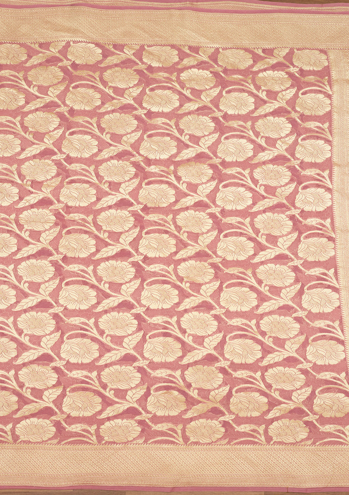 Baby Pink Georgette Jaal Gold Zariwork Saree With Matching Blouse Piece