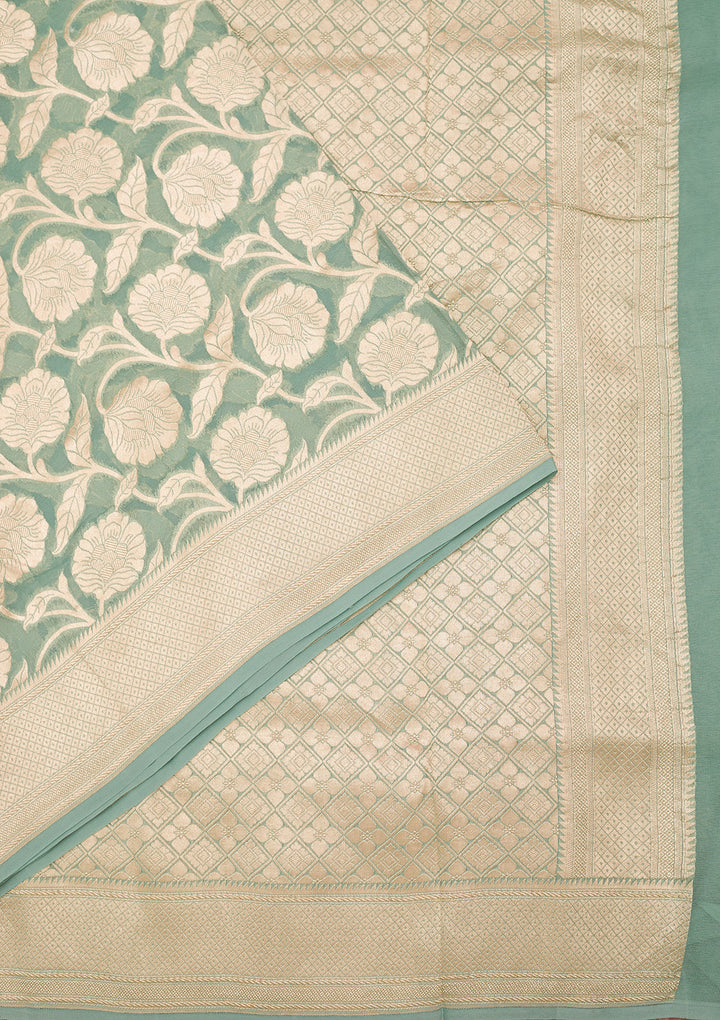 Sky Blue Georgette Jaal Gold Zariwork Saree With Matching Blouse Piece