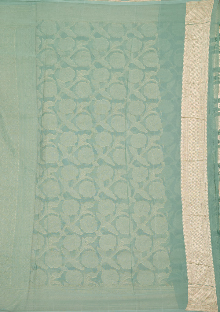 Sky Blue Georgette Jaal Gold Zariwork Saree With Matching Blouse Piece