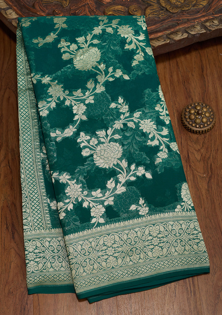 Rama Green Georgette Jaal Zariwork Saree With Matching Blouse Piece