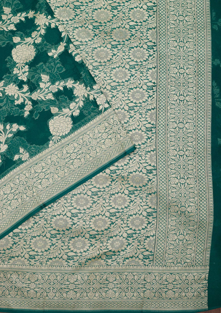 Rama Green Georgette Jaal Zariwork Saree With Matching Blouse Piece