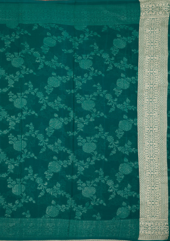 Rama Green Georgette Jaal Zariwork Saree With Matching Blouse Piece