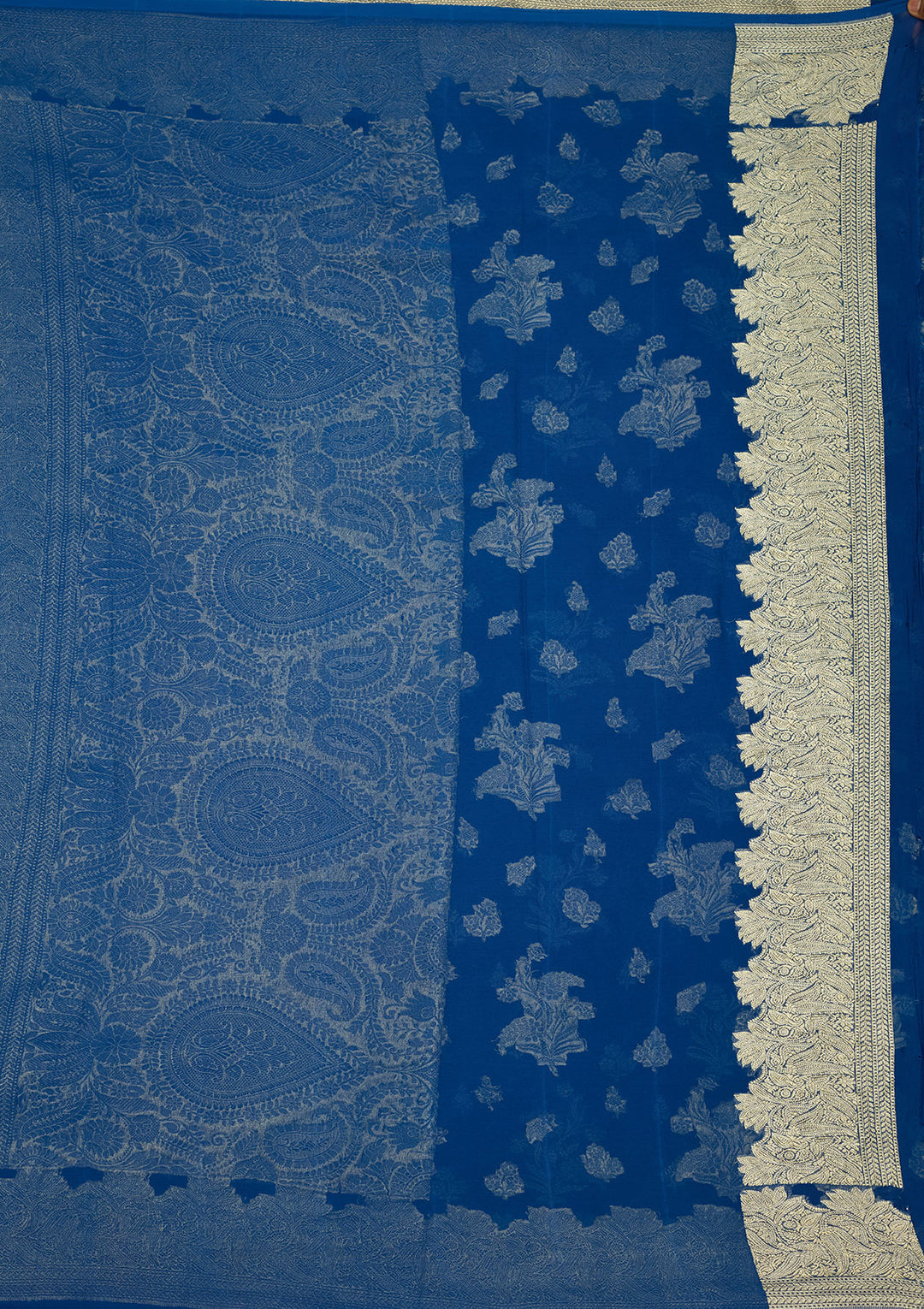 Royal Blue Zariwork Georgette Silk Saree