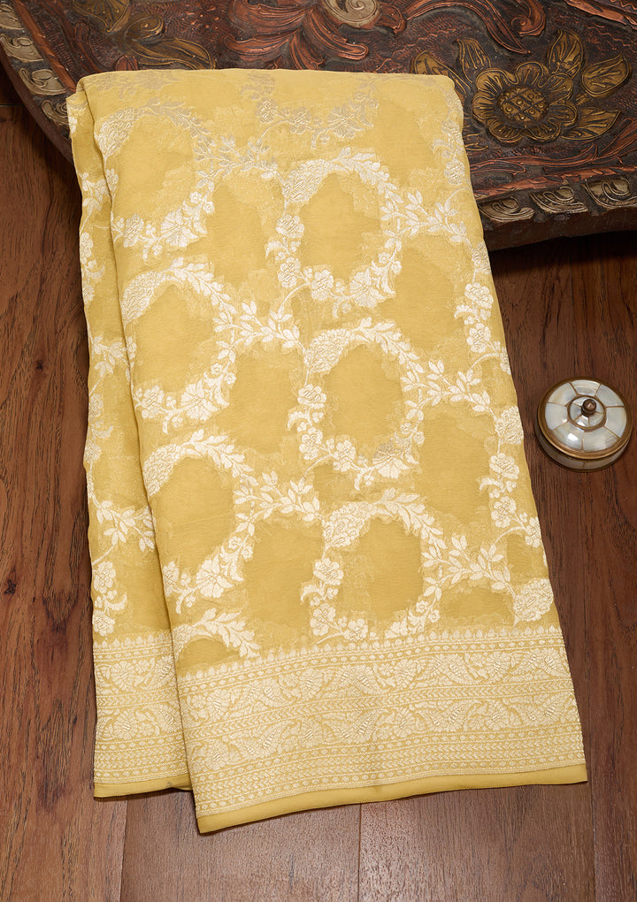 Gold Georgette Jaal Silver Zariwork Saree With Matching Blouse Piece