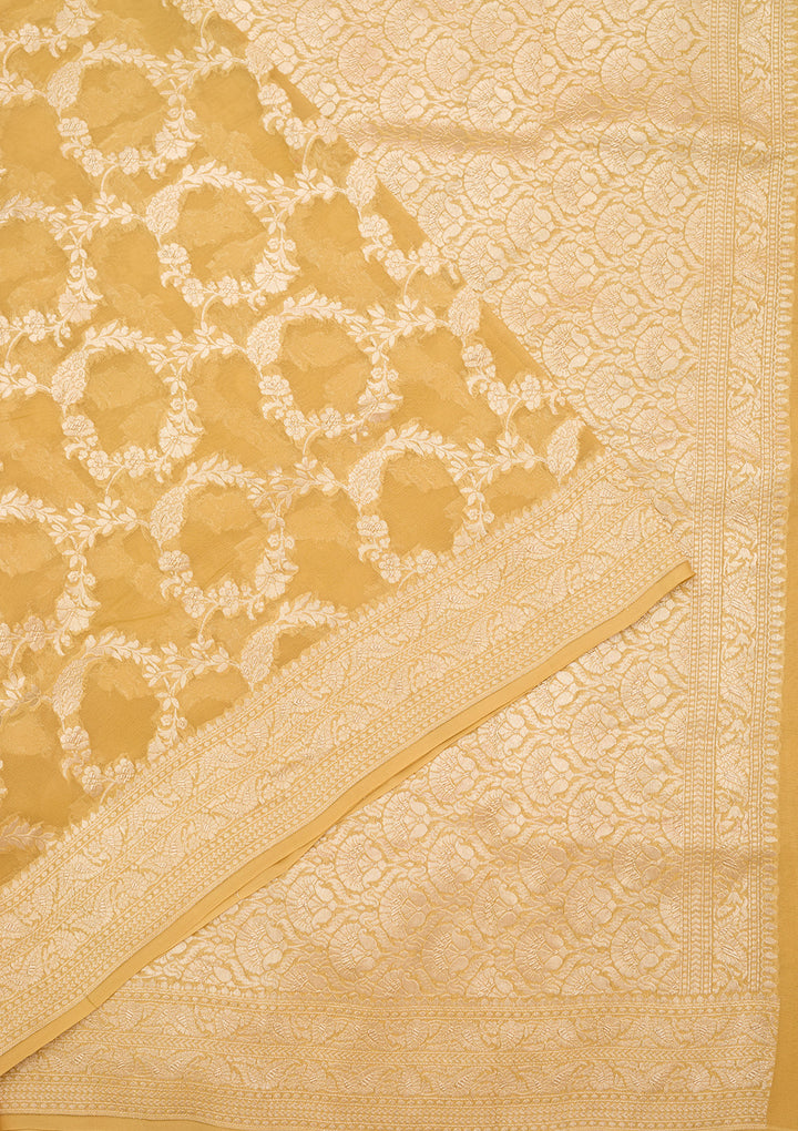 Gold Georgette Jaal Silver Zariwork Saree With Matching Blouse Piece