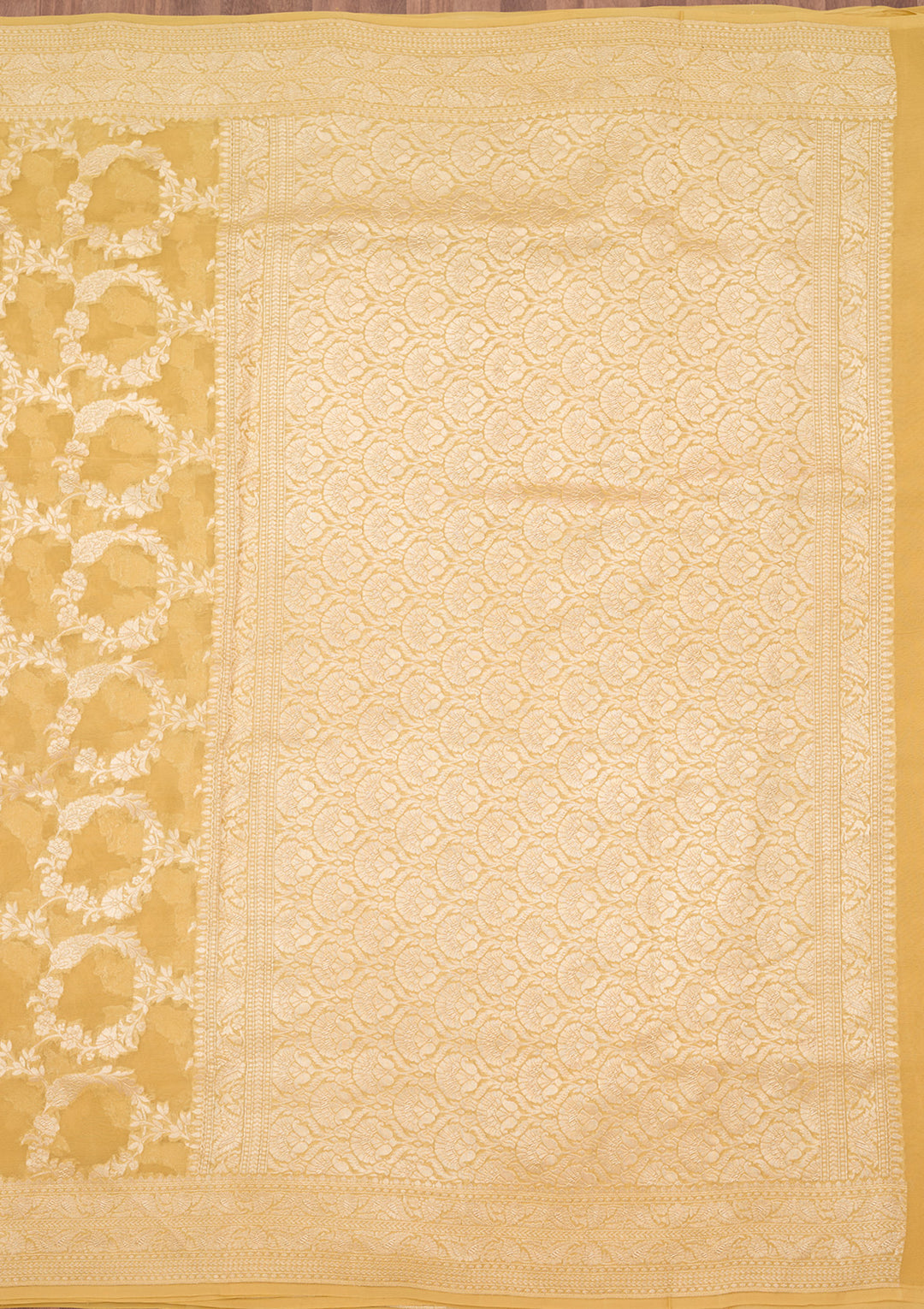 Gold Georgette Jaal Silver Zariwork Saree With Matching Blouse Piece
