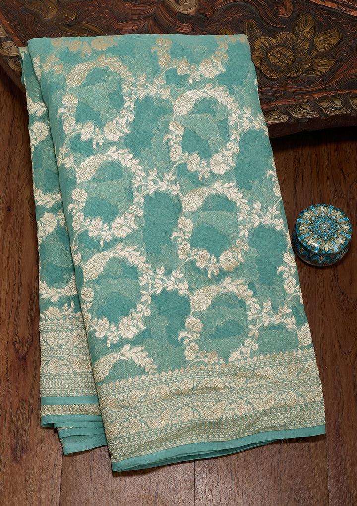 Sea Green Georgette Jaal Silver Zariwork Saree With Matching Blouse Piece