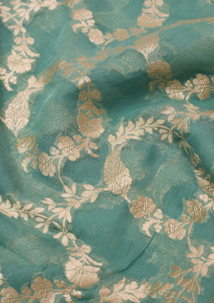 Sea Green Georgette Jaal Silver Zariwork Saree With Matching Blouse Piece