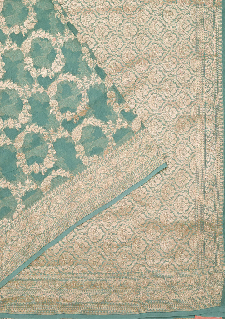 Sea Green Georgette Jaal Silver Zariwork Saree With Matching Blouse Piece