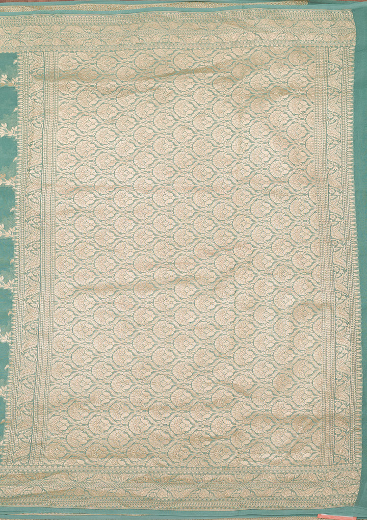 Sea Green Georgette Jaal Silver Zariwork Saree With Matching Blouse Piece