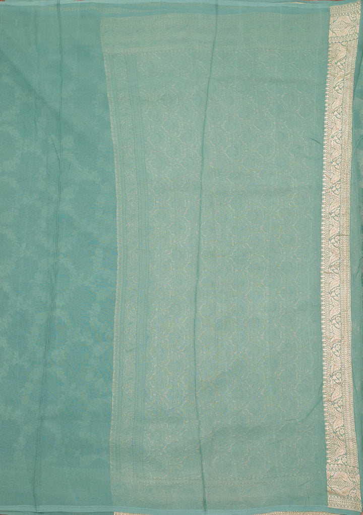 Sea Green Georgette Jaal Silver Zariwork Saree With Matching Blouse Piece