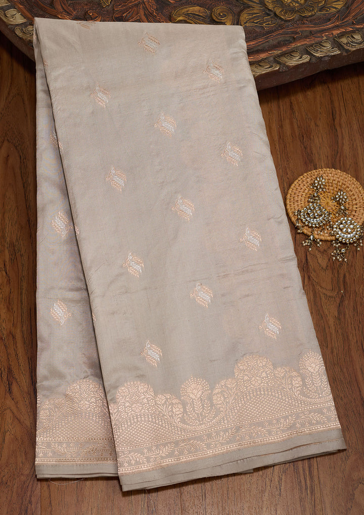 Grey Silk Buti Gold Zariwork Saree With Matching Blouse Piece