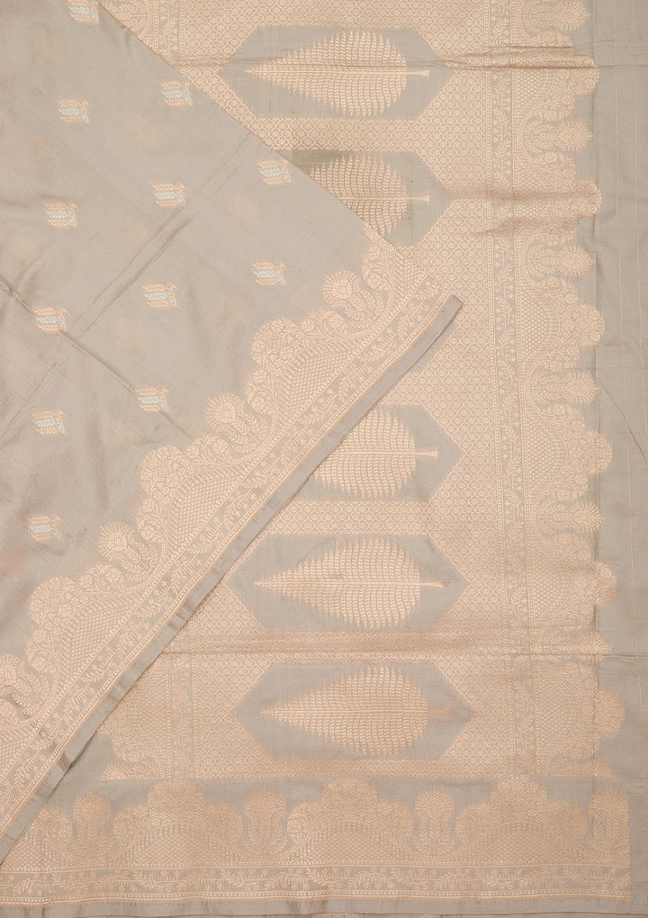 Grey Silk Buti Gold Zariwork Saree With Matching Blouse Piece