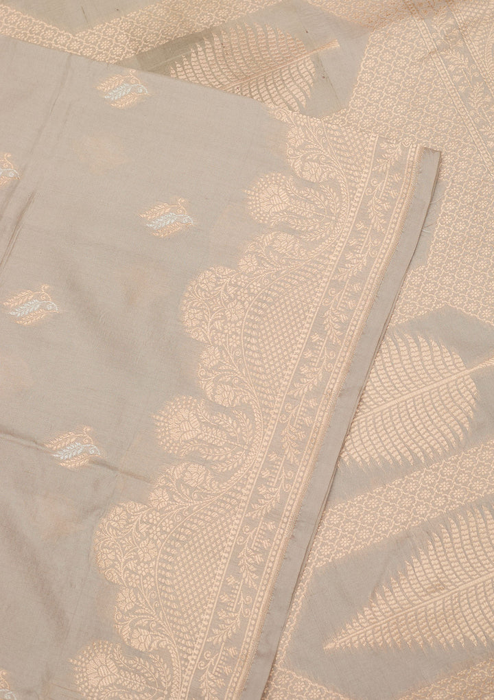 Grey Silk Buti Gold Zariwork Saree With Matching Blouse Piece