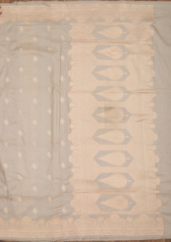 Grey Silk Buti Gold Zariwork Saree With Matching Blouse Piece