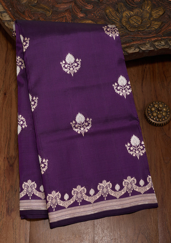 Purple Silk Buti Gold Zariwork Saree With Matching Blouse Piece