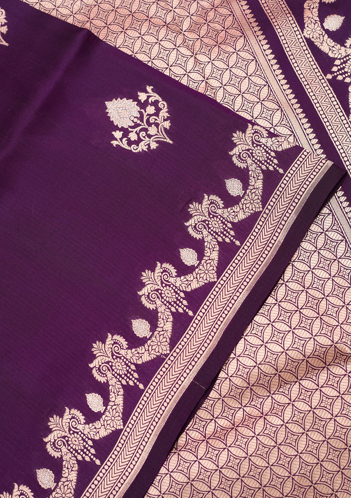 Purple Silk Buti Gold Zariwork Saree With Matching Blouse Piece