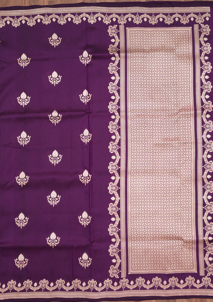 Purple Silk Buti Gold Zariwork Saree With Matching Blouse Piece