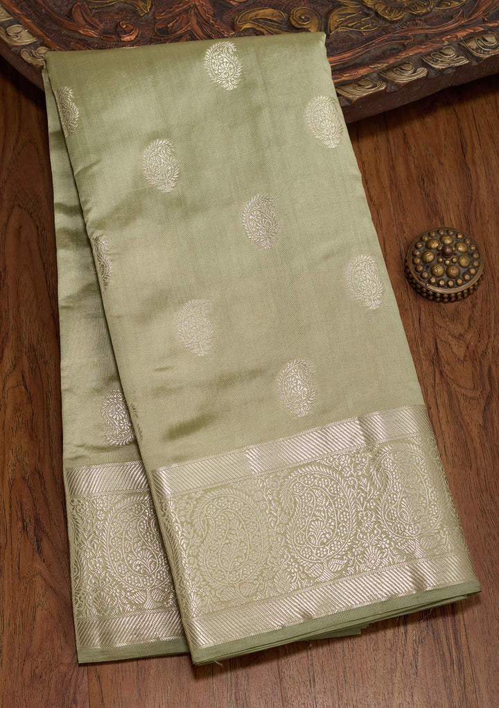 Pista Green Silk Buti Zariwork Saree With Matching Blouse Piece