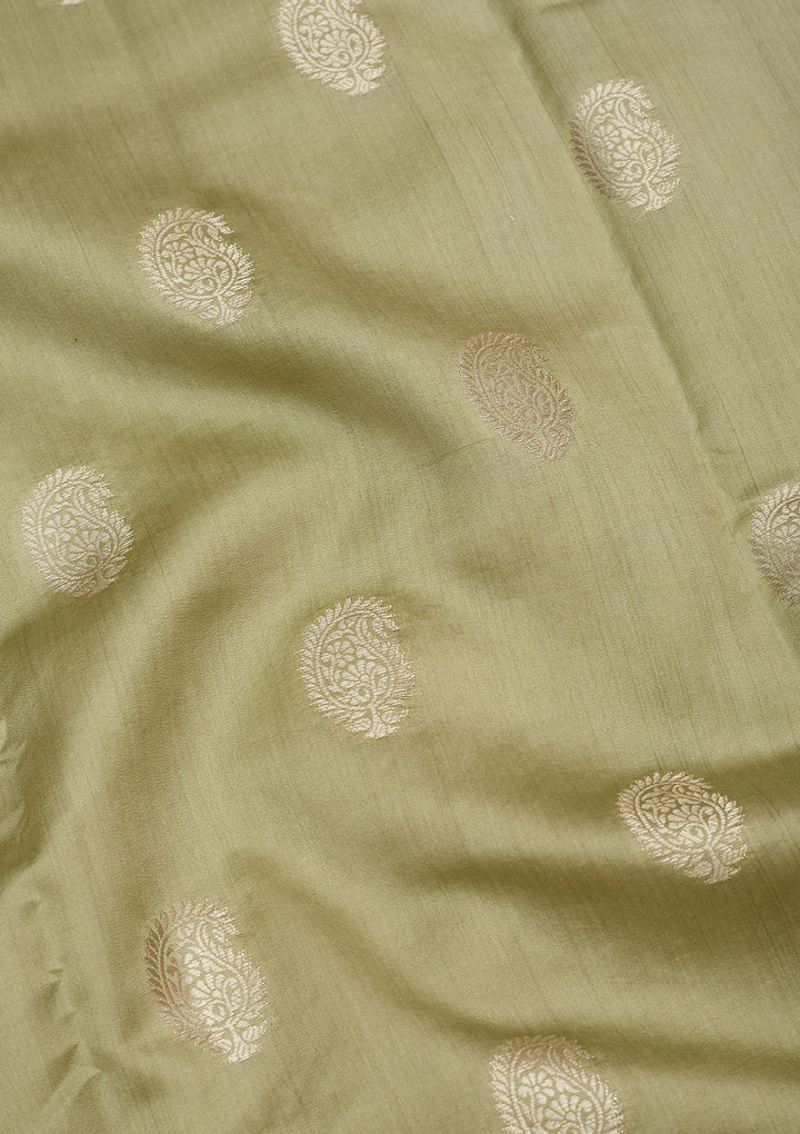 Pista Green Silk Buti Zariwork Saree With Matching Blouse Piece