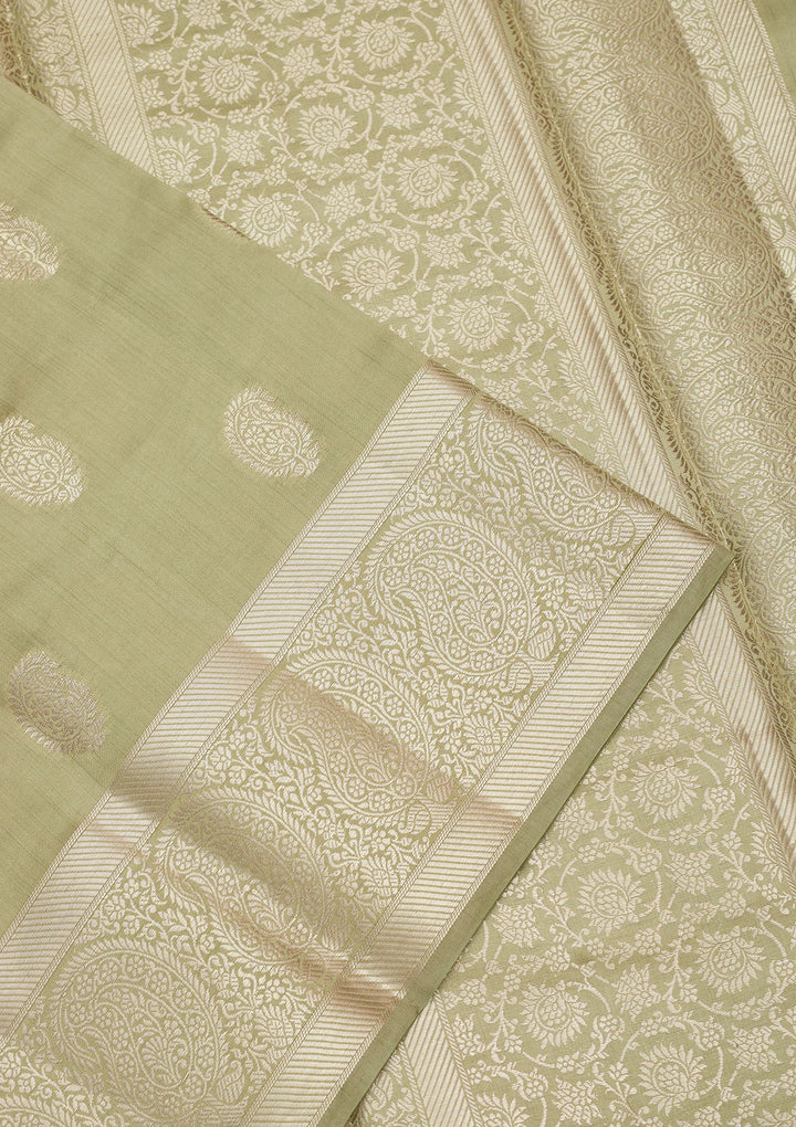 Pista Green Silk Buti Zariwork Saree With Matching Blouse Piece