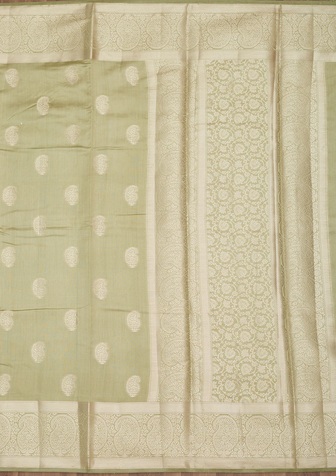 Pista Green Silk Buti Zariwork Saree With Matching Blouse Piece