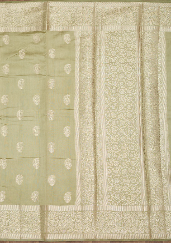 Pista Green Silk Buti Zariwork Saree With Matching Blouse Piece