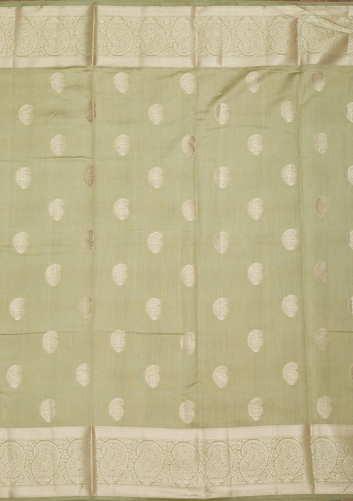 Pista Green Silk Buti Zariwork Saree With Matching Blouse Piece