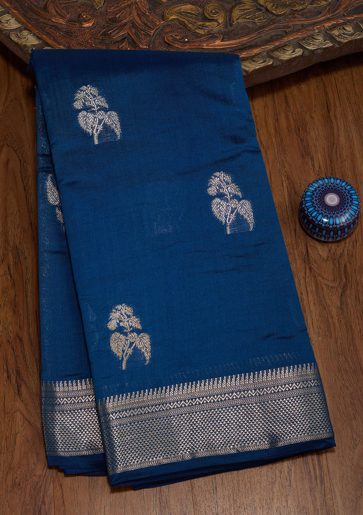 Peacock Blue Silk Buti Zariwork Saree With Matching Blouse Piece