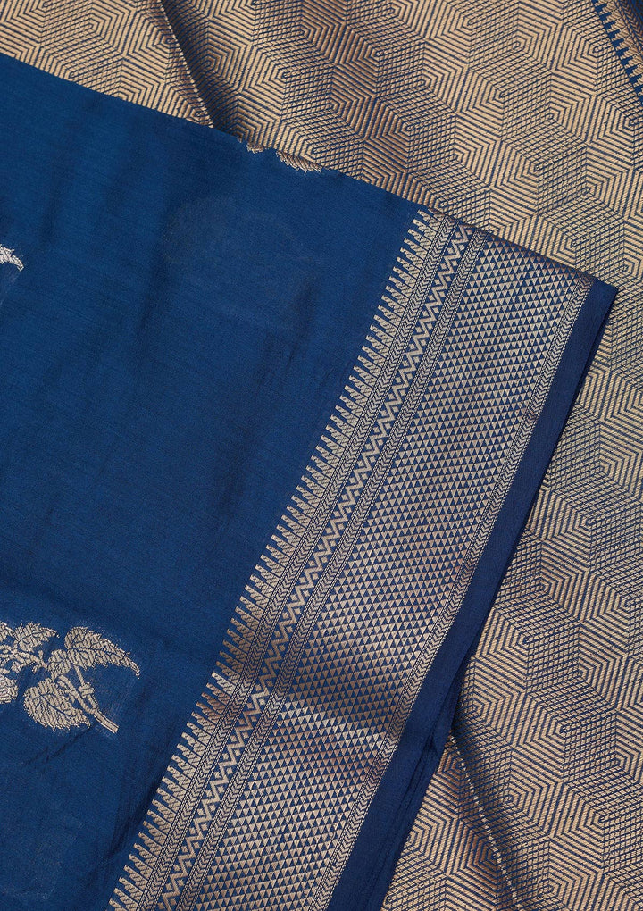 Peacock Blue Silk Buti Zariwork Saree With Matching Blouse Piece