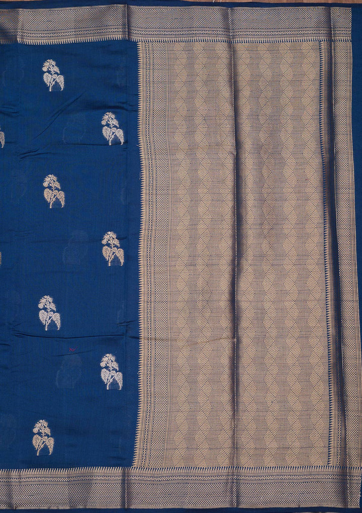 Peacock Blue Silk Buti Zariwork Saree With Matching Blouse Piece