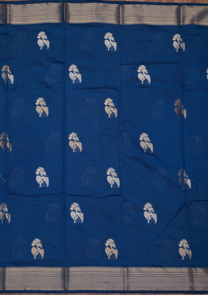 Peacock Blue Silk Buti Zariwork Saree With Matching Blouse Piece