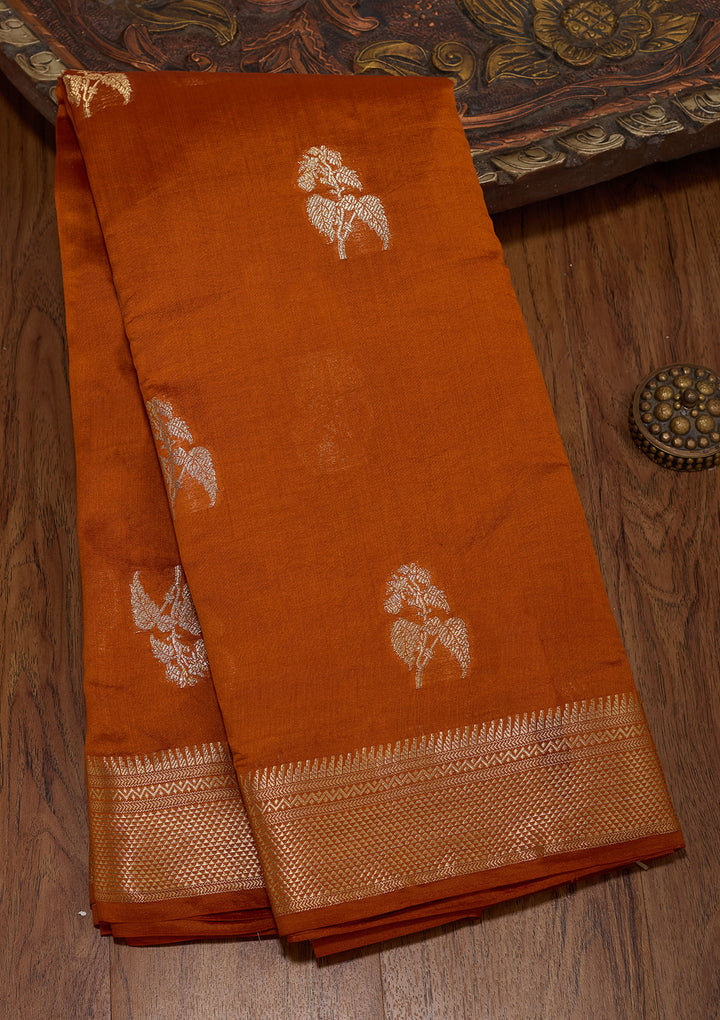 Rust Silk Buti Zariwork Saree With Matching Blouse Piece