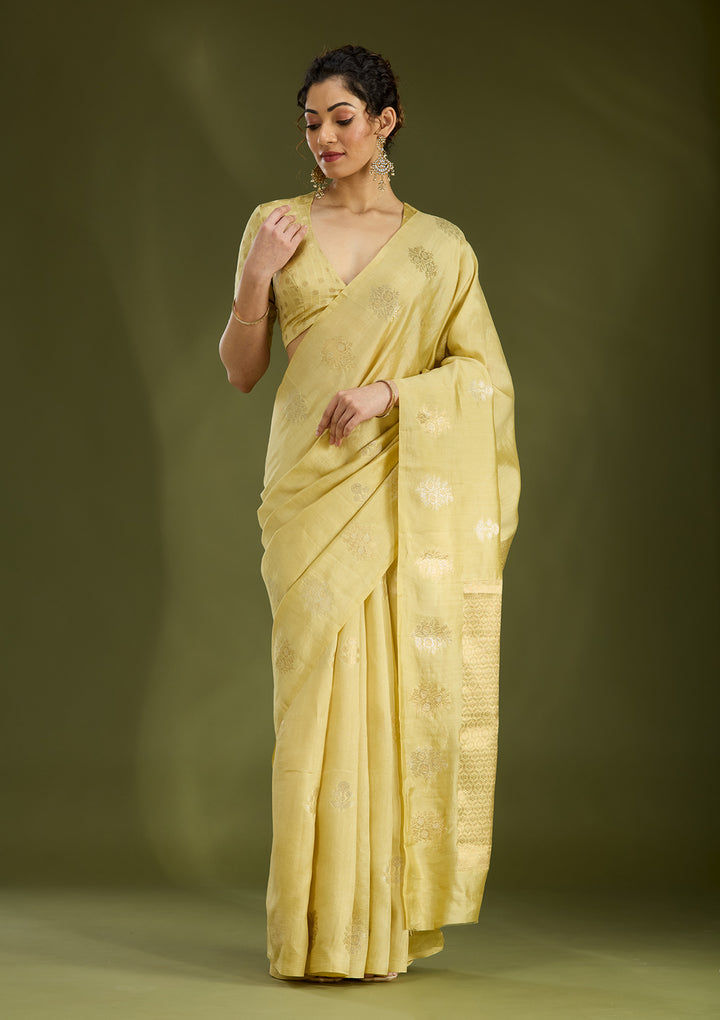 Gold Silk Buti Silver Zariwork Saree With Matching Blouse Piece