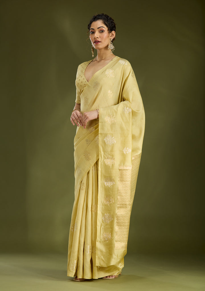 Gold Silk Buti Silver Zariwork Saree With Matching Blouse Piece