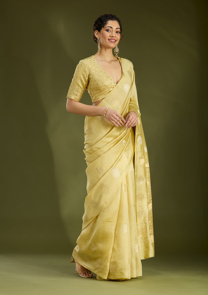 Gold Silk Buti Silver Zariwork Saree With Matching Blouse Piece